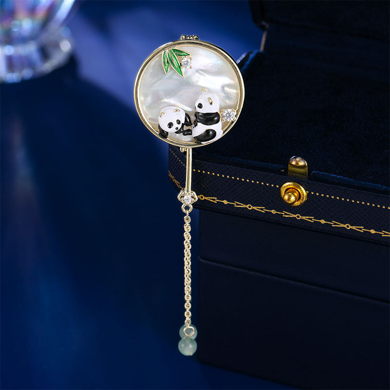 Chinese style cold panda corsage multi-functional suit pin natural shell fringed advanced new Chinese fan brooch