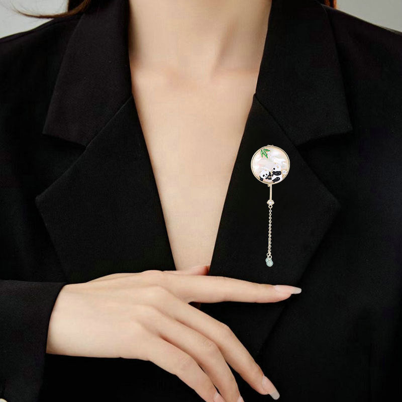 Chinese style cold panda corsage multi-functional suit pin natural shell fringed advanced new Chinese fan brooch