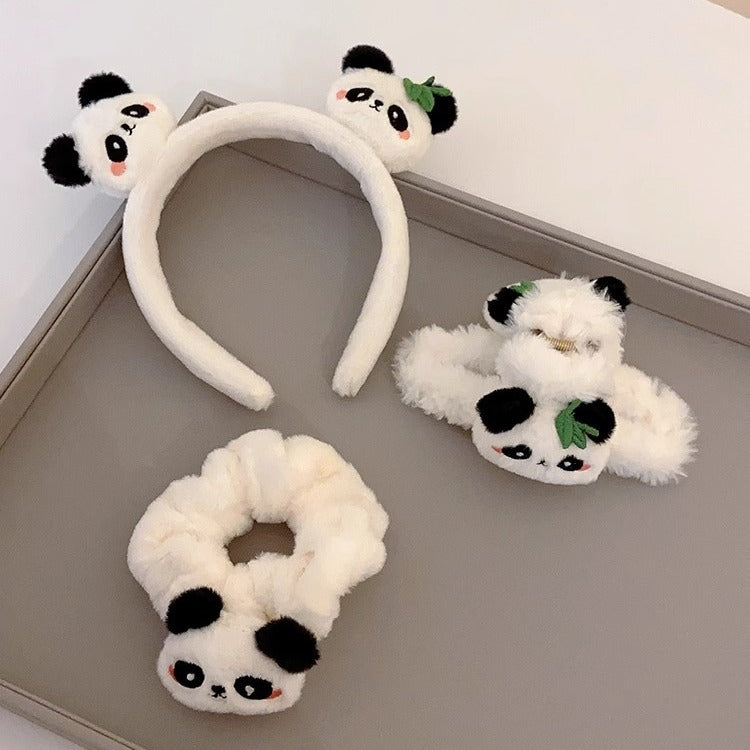 Sweet and cute panda grab clip female autumn and winter new plush hairline pressure hair headband headband headband shark clip set