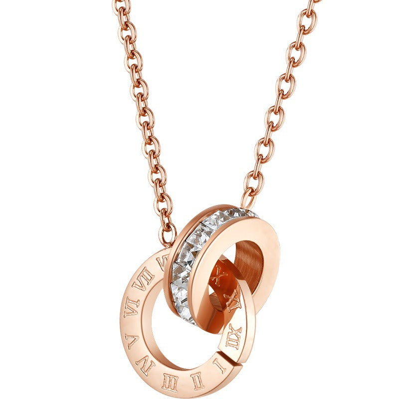 Popular hot-selling titanium steel Roman double ring plated 18K rose gold necklace