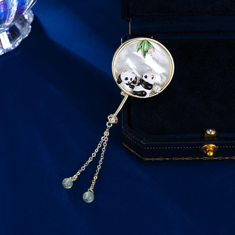 Chinese style cold panda corsage multi-functional suit pin natural shell fringed advanced new Chinese fan brooch
