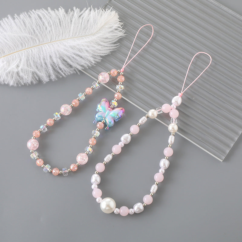 ins new pearl bow mobile phone chain cute pink handmade beaded pendant mobile phone lanyard chain female