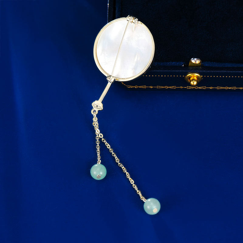 Chinese style cold panda corsage multi-functional suit pin natural shell fringed advanced new Chinese fan brooch