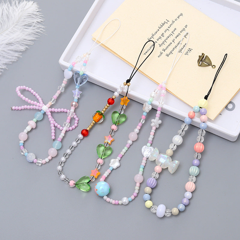 New candy color colored rice bead bow mobile phone chain ins small fresh ccd camera pendant mobile phone lanyard