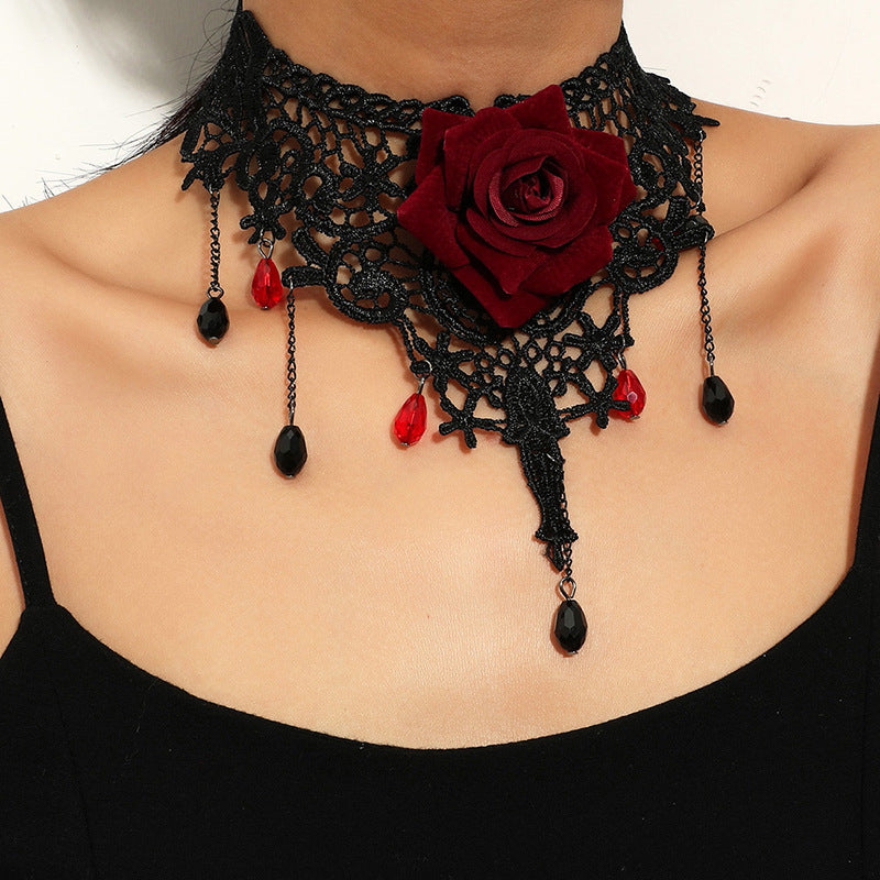 Dark wind lolita gothic lace rose necklace, niche design tassel choker collar