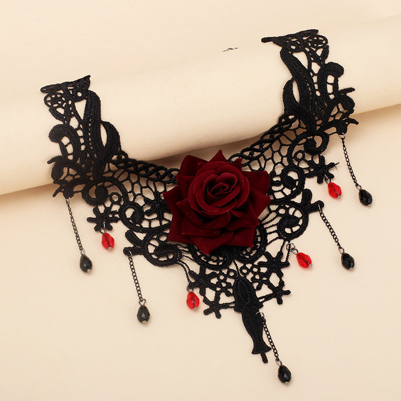 Dark wind lolita gothic lace rose necklace, niche design tassel choker collar